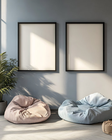 Interior of modern living room with gray walls, wooden floor, comfortable sofa and two vertical mock up posters. 3d renderingの写真素材