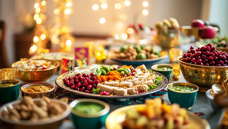 Indian Traditional Dinning Table with Vegetables, Fruits and Other Dishes.の写真素材
