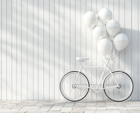 White bicycle with white balloons on a wooden background. 3d renderingの写真素材