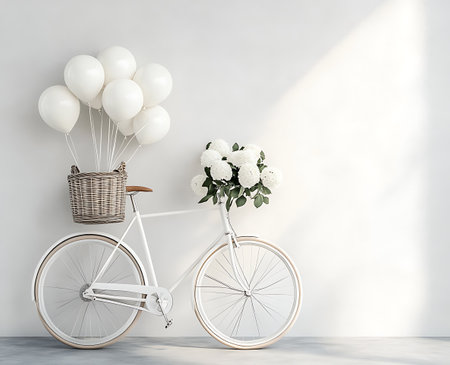 Bicycle with a basket of white flowers and balloons. 3d renderingの写真素材