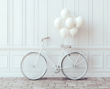 Bicycle with white balloons in vintage interior. 3D Renderingの写真素材