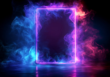 Abstract background with blue and pink neon lights and smoke in the shape of a frameの写真素材