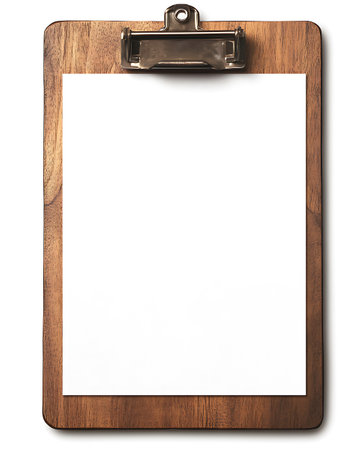 Clipboard with blank sheet of paper on a white background.の写真素材