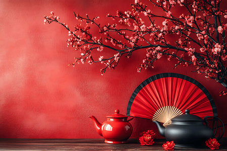 Chinese New Year background, teapot and red fan with cherry blossomの写真素材