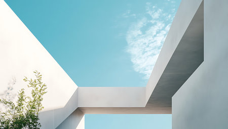 Architecture detail, modern architecture, white walls and blue skyの写真素材