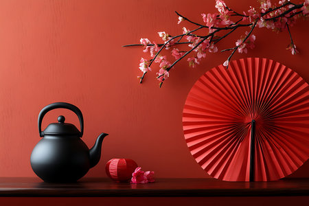Chinese New Year 2018, black teapot and red fan with cherry blossomの写真素材