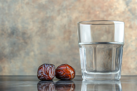 A glass of water and dates on a table. Copy space.の写真素材
