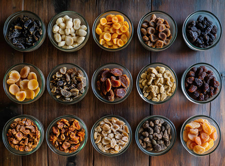 Mix of dried fruits and nuts in glass bowls on wooden background, top viewの写真素材