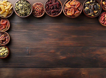 Dried fruits and vegetables in bowls on wooden table, top viewの写真素材