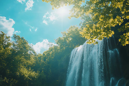 Beautiful waterfall in forest at sunny day. Toned image.の素材