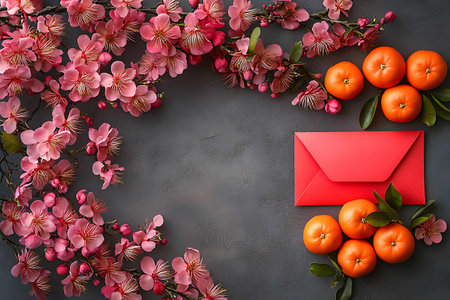 Flat lay of red envelope with sakura flowers and tangerines on dark backgroundの写真素材
