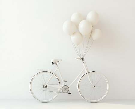 Bicycle with white balloons on a white wall. 3d renderingの写真素材