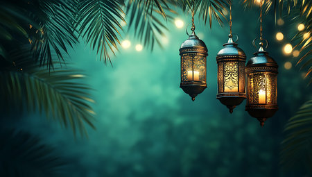 Lanterns hanging on palm tree. Ramadan Kareem backgroundの写真素材