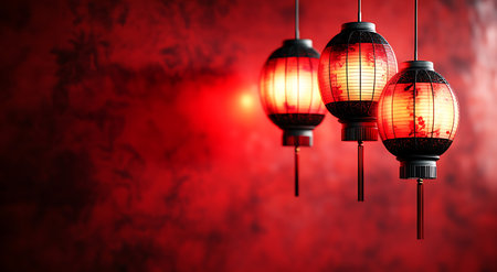 Hanging Chinese lanterns on a red background. 3d renderingの写真素材