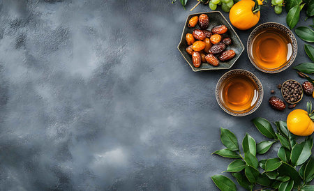 Dates fruit and tea on a dark background. Top view.の写真素材