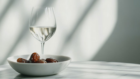 A glass of white wine and a bowl with dates on a white tableの写真素材