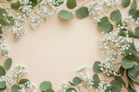Flowers composition. Frame made of eucalyptus branches and white flowers on beige background. Flat lay, top view, copy spaceの写真素材