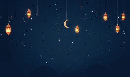 Hanging lanterns and crescent moon. Ramadan Kareem background.の写真素材
