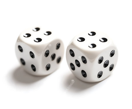 Two white dice isolated on a white background. Close-up.の写真素材