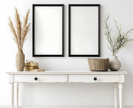 Mock up poster frame in interior background, 3d render illustrationの写真素材