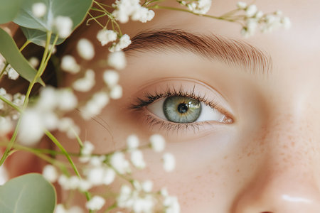Close up of beautiful woman's green eyes with lily of the valley flowersの写真素材