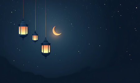 Ramadan Kareem background with lanterns and crescent moon.の写真素材