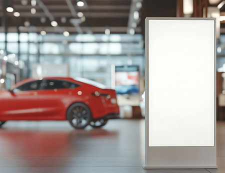 Blank white advertising stand in car showroom. 3d renderingの写真素材