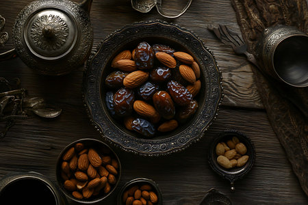 Dates and nuts in a bowl on a wooden background. Top viewの写真素材