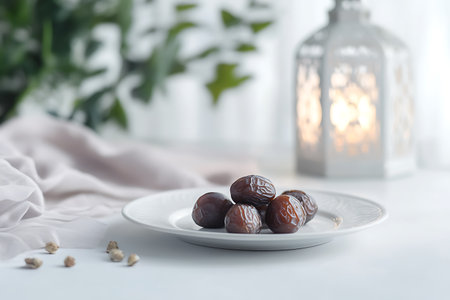 Plate with tasty dates on table in room. Ramadan Kareem celebrationの写真素材