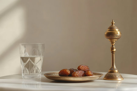 Still life with dates and a glass of water on the table.の写真素材