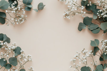 Flowers composition. Frame made of eucalyptus branches and flowers on beige background. Flat lay, top view, copy spaceの写真素材