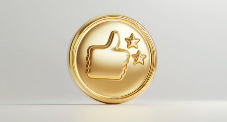 Golden Thumb Up Icon on White Background. 3d Renderingの写真素材