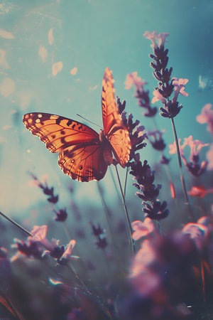 Butterfly on lavender flowers. Vintage style. Soft focus.の写真素材