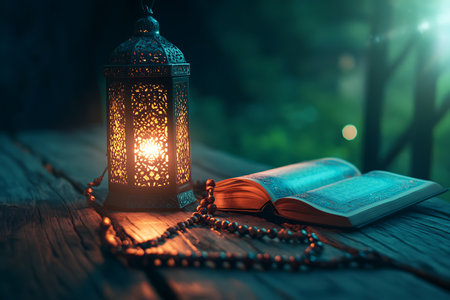 Lantern with Holy Quran and rosary on wooden table. Ramadan Kareem backgroundの写真素材