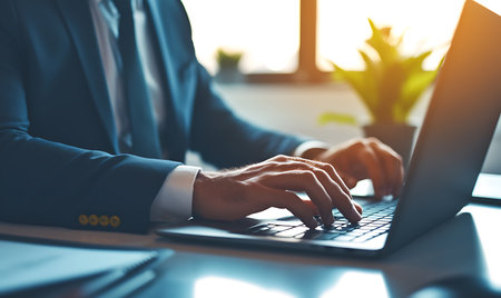 Businessman working on laptop computer at office. Close up of male hands typing on keyboard.の写真素材