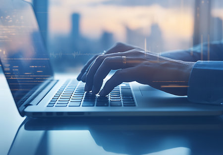 close up of businessman hands typing on laptop keyboard in office at sunsetの写真素材