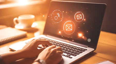 Woman using laptop with email icon on screen. Email marketing concept.の写真素材