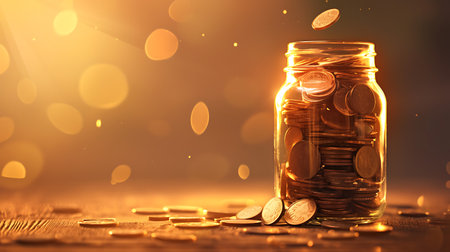 Coins in glass jar on bokeh background. Saving money concept.の写真素材