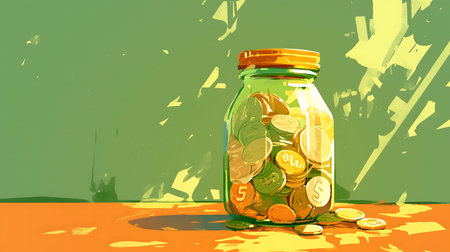 Illustration of a glass jar full of gold coins with green backgroundの写真素材