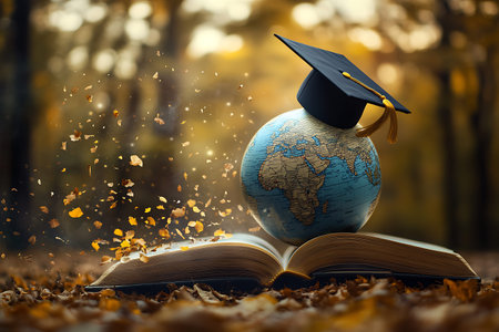 Globe and graduation cap on book in autumn forest. Education conceptの写真素材