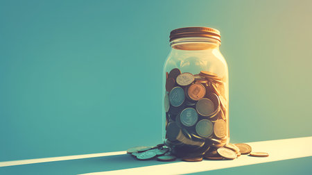 Coins in a glass jar with filter effect retro vintage style.の写真素材