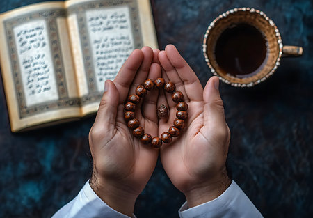 Hands holding rosary beads with holy quran and cup of coffeeの写真素材