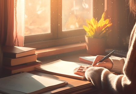 Young woman writing in notebook on the windowsill in the morning.の写真素材