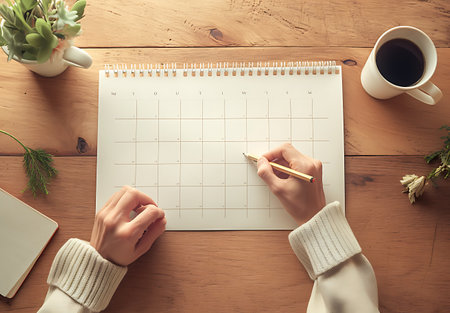 Woman writing in notepad on wooden table. Top view with copy spaceの写真素材
