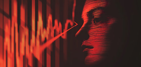 Close-up of female face with red light on the background. 3D renderingの写真素材