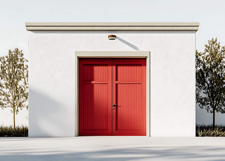 Red door in a white wall with shadow on the floor. 3d renderingの写真素材