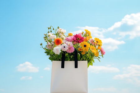 Bouquet of flowers in a paper bag on blue sky backgroundの写真素材