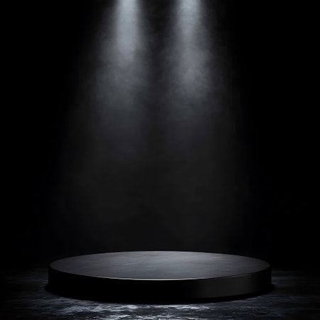 Black podium with spotlights on a dark background. 3d renderingの素材