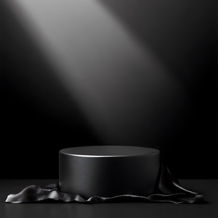 Black podium on dark background with spotlights. 3d render.の写真素材