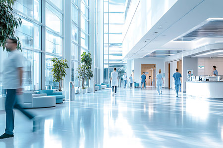 group of doctors and nurses walking in modern hospital corridor, medicine conceptの写真素材